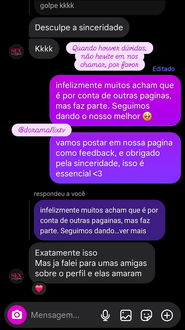 Conversa sobre amigas indicando o perfil